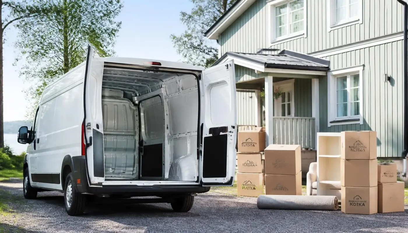 Valkoinen pakettiauto takaovet auki kotkalaisen omakotitalon pihassa muuttolaatikoiden vieressä